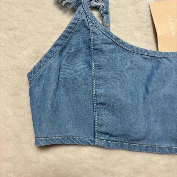 NWT‎ Minkpink Demin MPD Crop Top Flare Shoulders Denim Style Ruffle Light Blue S - Picture 2 of 9